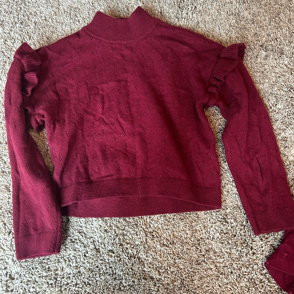 GAP Burgundy Ruffle-Shoulder Mock Neck Sweater